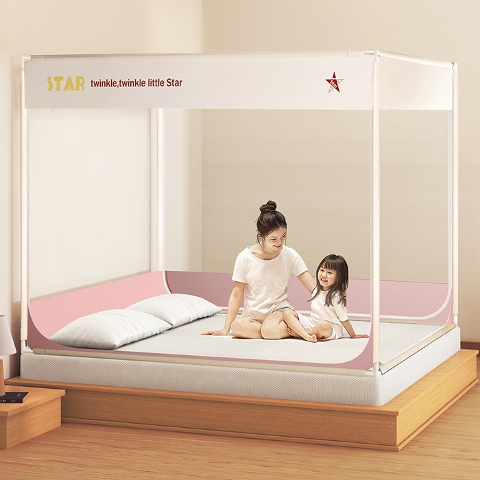 91家纺网 家纺一手货源 找家纺 青竹苑 2025新款无印字母三门坐床床笠底防摔蚊帐 星星