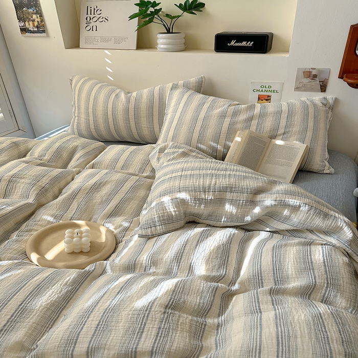 91家纺网 家纺一手货源 找家纺 田野2025新款全棉皱皱纱四件套 半夏-蓝