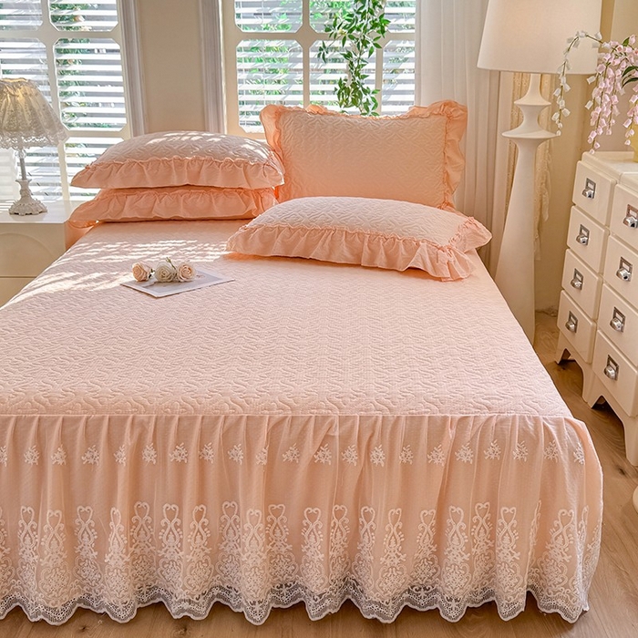 91家纺网 家纺一手货源 找家纺 2025新款A类华夫格大豆棉床裙四件套-梦幻花园 梦幻花园-玉