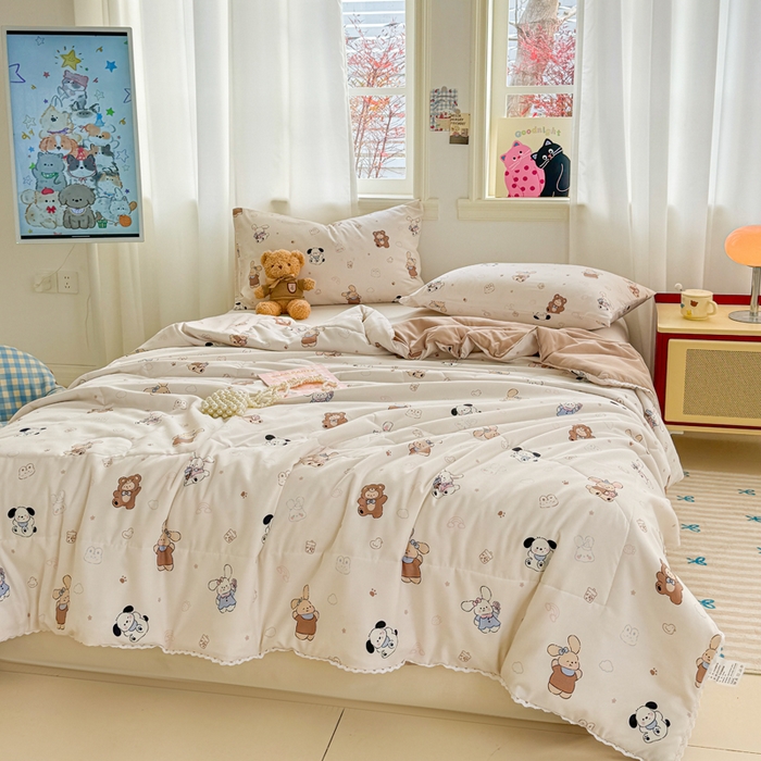 91家纺网 家纺一手货源 找家纺 慕尚家纺 2025新款水洗棉花边工艺羽丝棉卡通系列夏被 吖咪兔