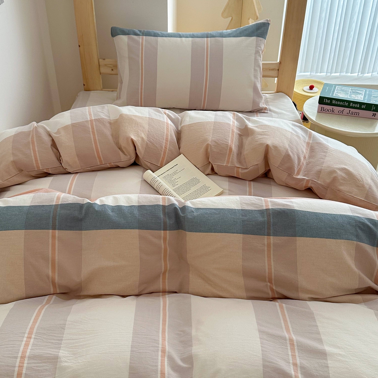 91家纺网 家纺一手货源 找家纺 拔萃 2025新款全棉纯棉色织学生上下铺套件格子纯棉宿舍三件套六件套 欧粉大格