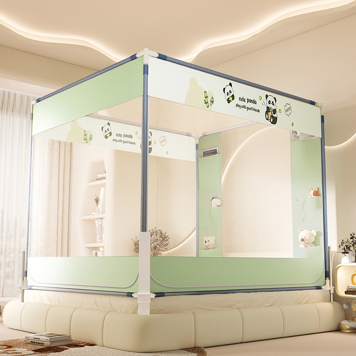 91家纺网 家纺一手货源 找家纺 青竹苑 2025新款围栏支架口袋款坐床防摔蚊帐 可爱熊猫