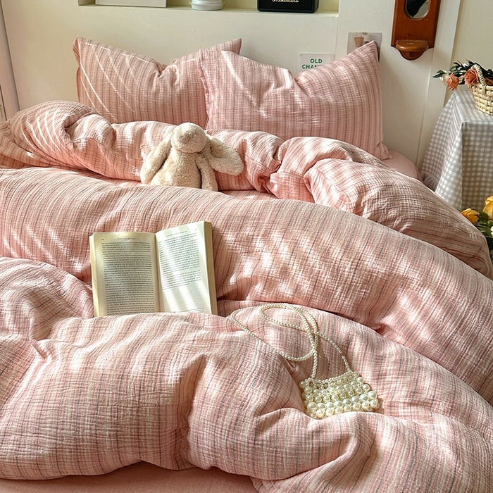 91家纺网 家纺一手货源 找家纺 田野2025新款全棉皱皱纱四件套 小半-粉米