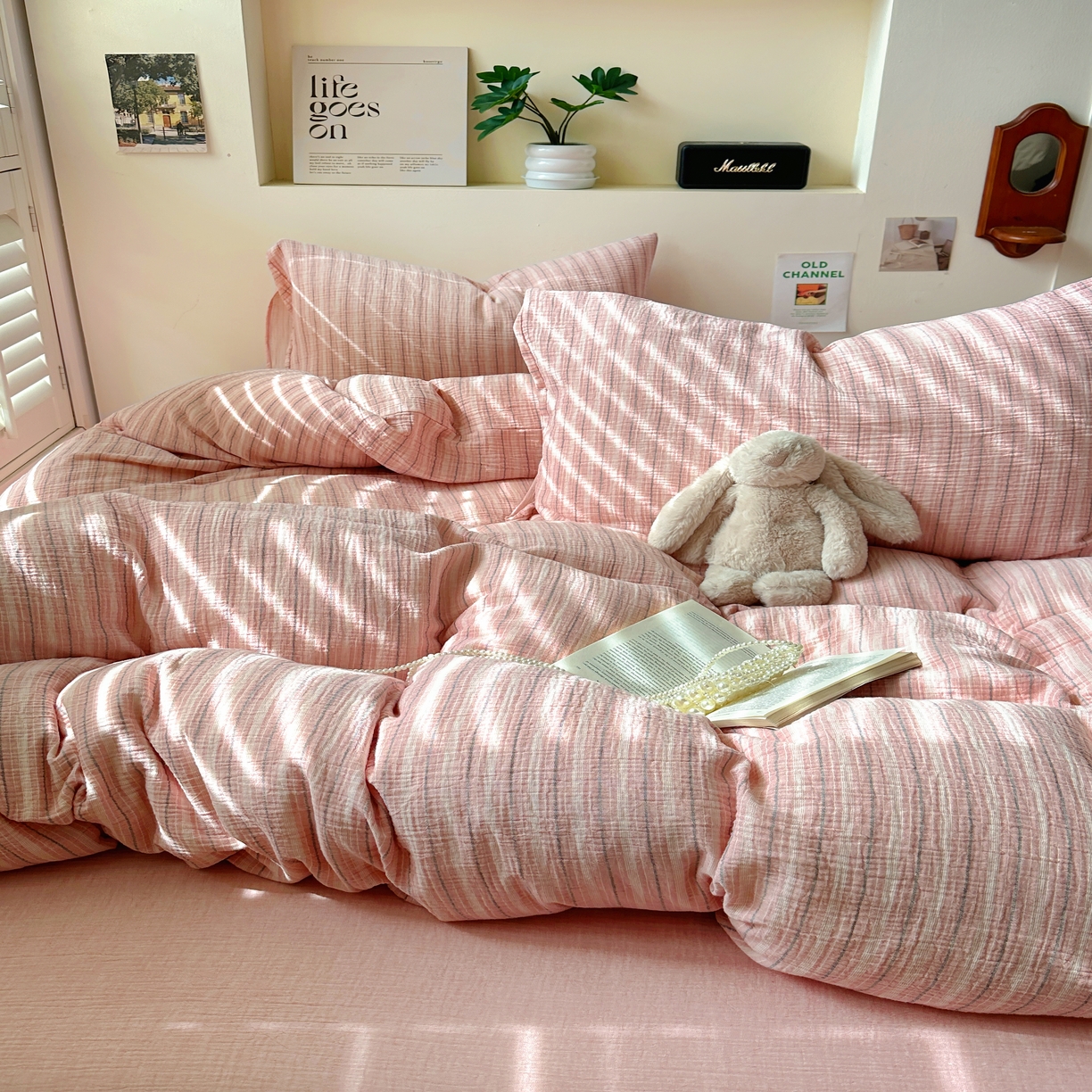 91家纺网 家纺一手货源 找家纺 田野2025新款全棉皱皱纱四件套 小半-粉米