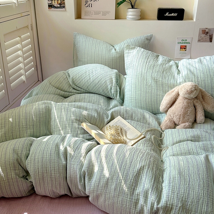 91家纺网 家纺一手货源 找家纺 田野2025新款全棉皱皱纱四件套 小半-绿紫