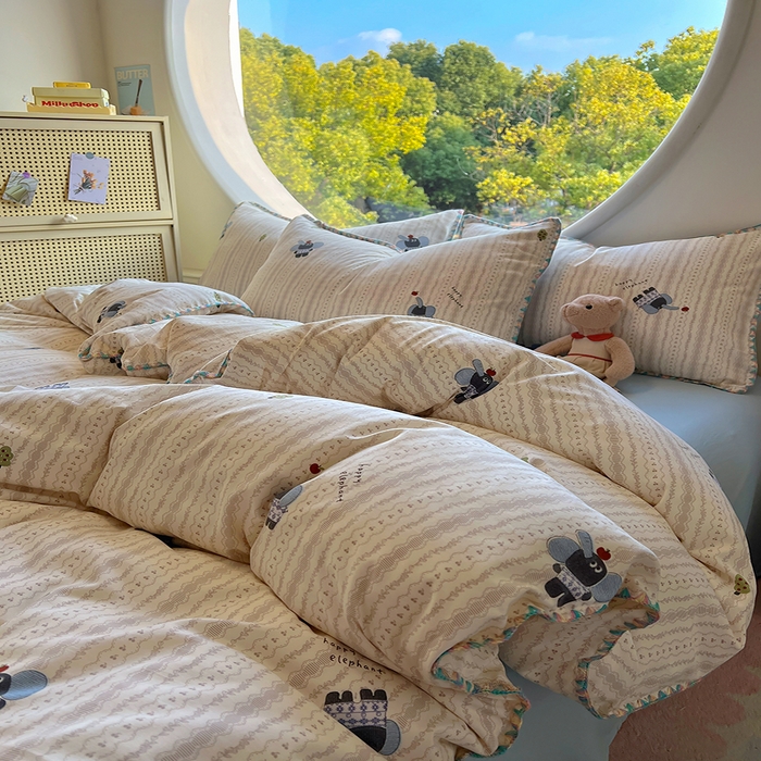 91家纺网 家纺一手货源 找家纺 葡萄家 2025爆款高克重彩色三角针A类针织双层纱四件套 提供买家秀 北鼻象