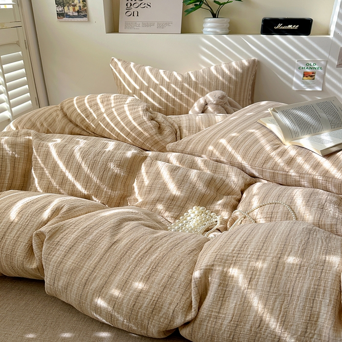 91家纺网 家纺一手货源 找家纺 田野2025新款全棉皱皱纱四件套 小半-奶茶棕