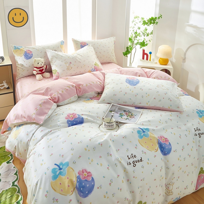 91家纺网 家纺一手货源 找家纺 黛妮雅 2025新款AB版全棉印花单被套床单枕套 草莓泡芙