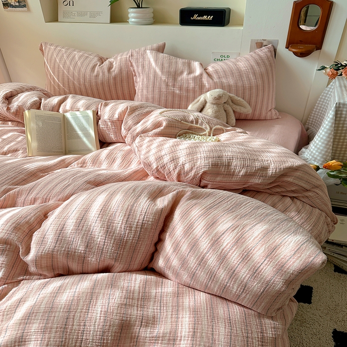 91家纺网 家纺一手货源 找家纺 田野2025新款全棉皱皱纱四件套 小半-粉米