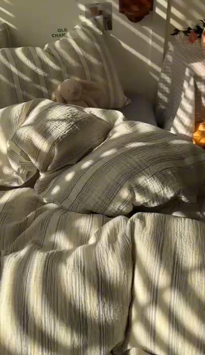 91家纺网 家纺一手货源 找家纺 田野2025新款全棉皱皱纱四件套 时予-灰绿