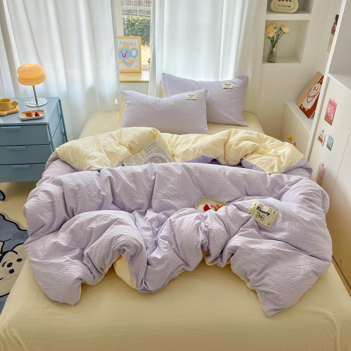 91家纺网 家纺一手货源 找家纺 桃心家居 2025新款A类韩系亲肤软糯甜格泡泡水洗棉撞色奶呼呼织标蝴蝶少女四件套 泡泡水洗棉-甜格紫黄