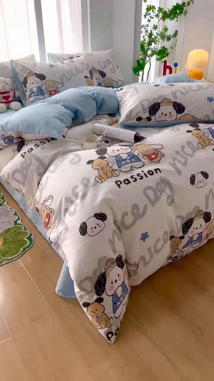 91家纺网 家纺一手货源 找家纺 黛妮雅 2025新款AB版全棉印花单被套床单枕套 萌酷狗