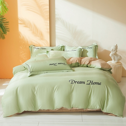 七仙女家纺 2025新款水洗真丝-梦幻家园系列四件套 浅豆绿+奶杏色