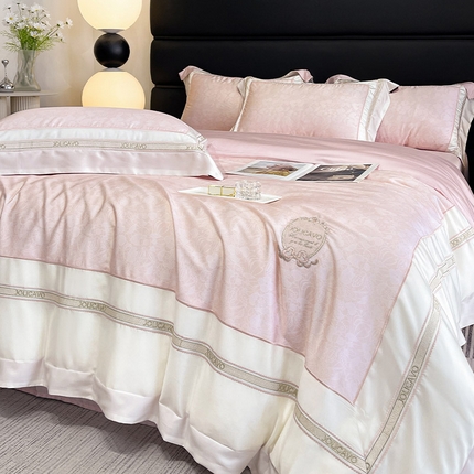 高端轻奢A类母婴级兰精天丝全工艺刺绣四件套高端真丝夏季丝滑裸睡床上用品  维曼-香颂粉
