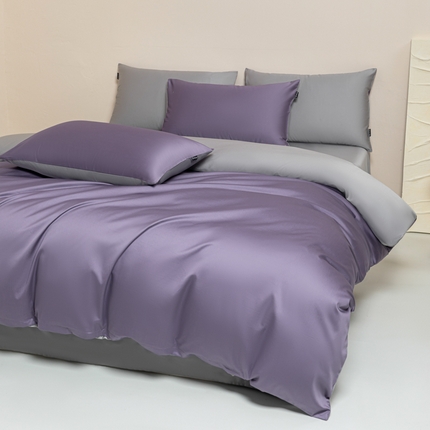 91家纺网 家纺一手货源 找家纺 舒慕家纺 2025新款100s高支贡缎长绒棉纯色四件套双拼四件套（送包装） 香芋紫-象牙灰