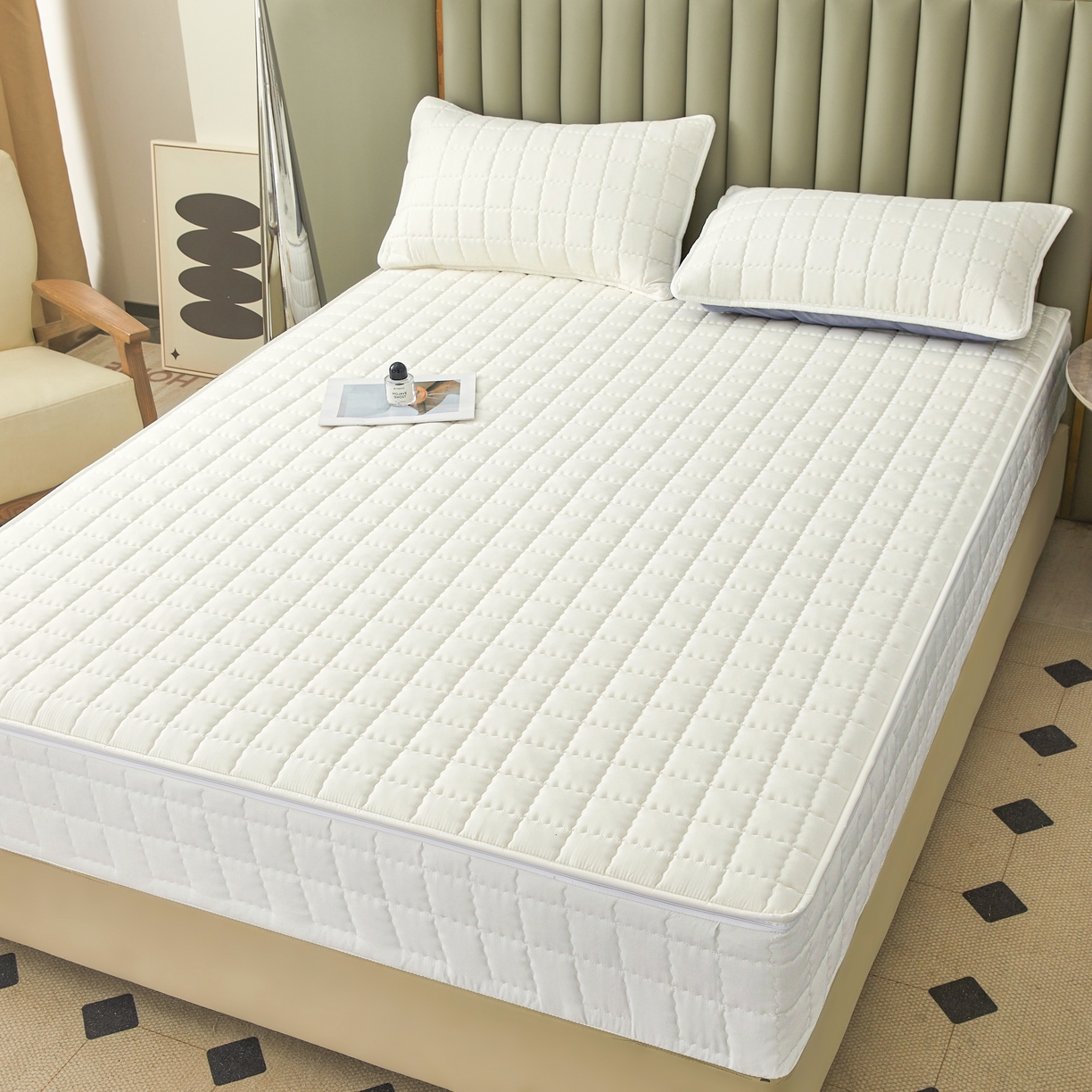 91家纺网 家纺一手货源 找家纺 欧邦 2025新款可拆卸六面全包夹棉床笠 五面夹棉-本白