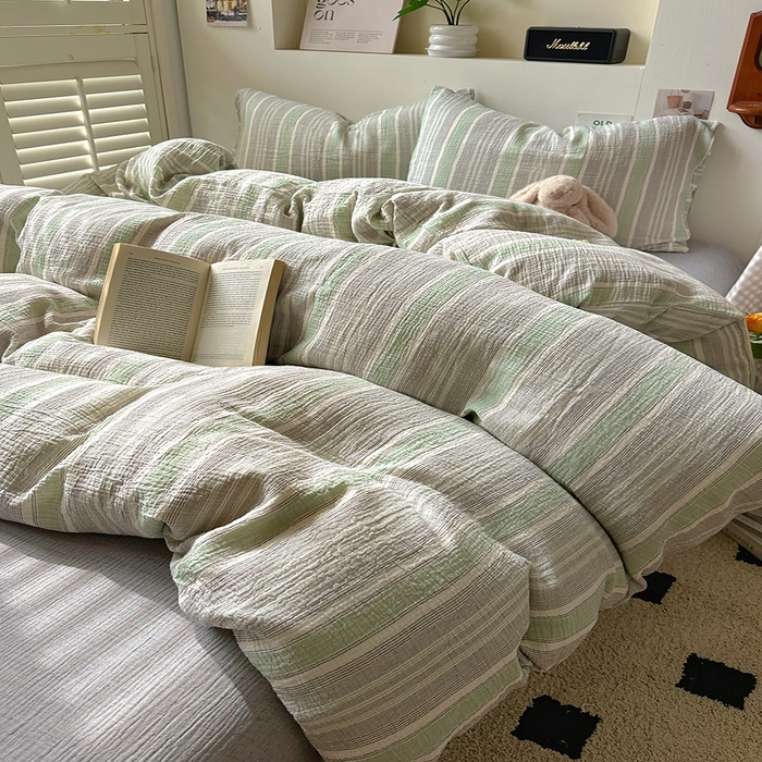 91家纺网 家纺一手货源 找家纺 田野2025新款全棉皱皱纱四件套 时予-灰绿