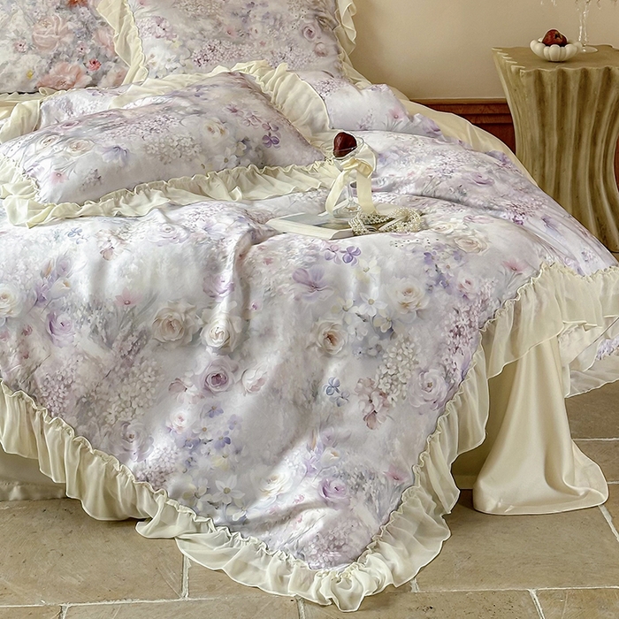 91家纺网 家纺一手货源 找家纺 沐晴家纺 2025春夏新品数码印花60兰精天丝云纱四件套 繁夏-紫