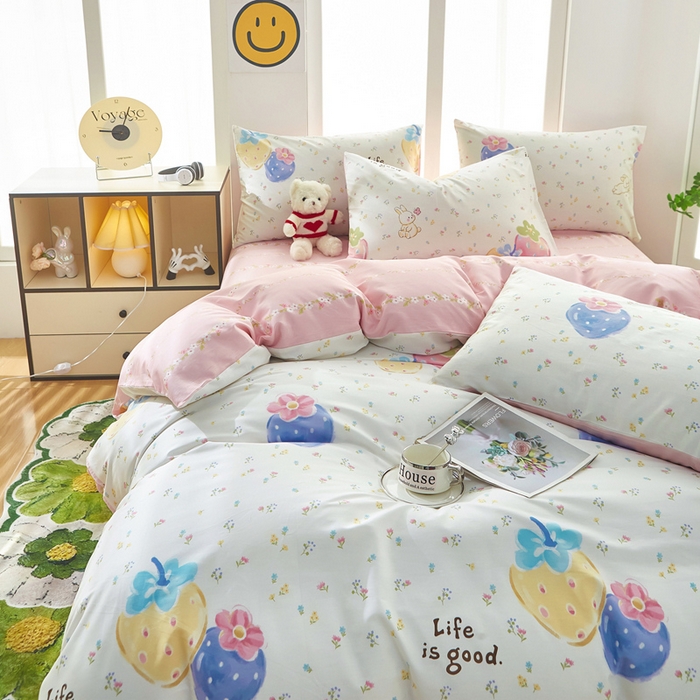 91家纺网 家纺一手货源 找家纺 黛妮雅 2025新款AB版全棉印花单被套床单枕套 草莓泡芙