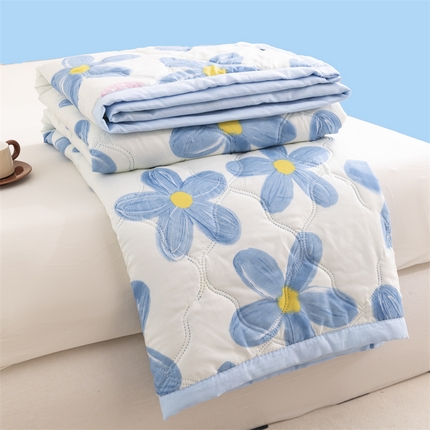91家纺网 家纺一手货源 找家纺 梵心家纺 2025新款直播热款印花夏凉被空调被被子被芯水洗棉夏被 蓝色花朵