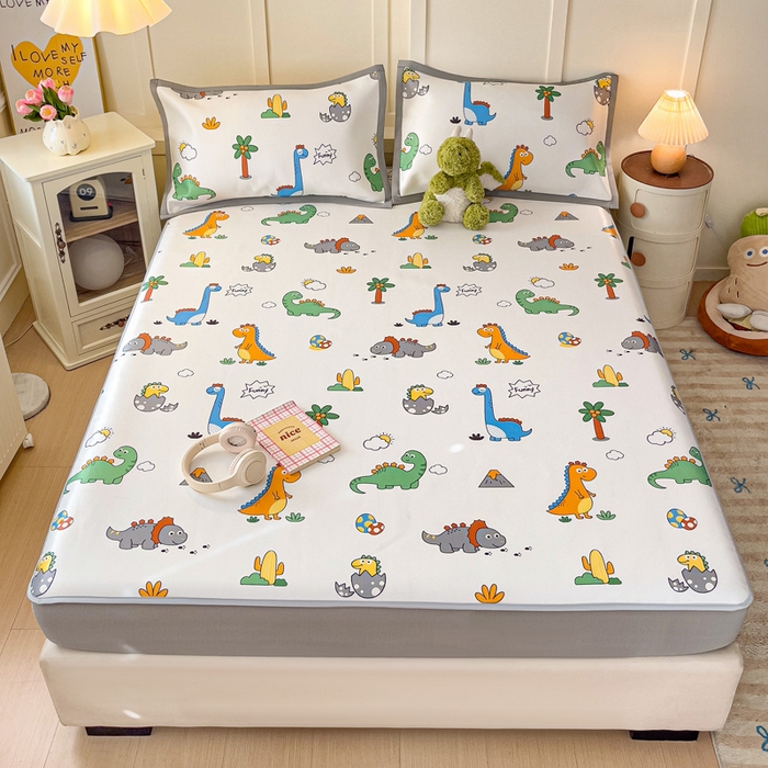 91家纺网 家纺一手货源 找家纺 富馨莱 2025新款床笠款冰藤印花凉席A类抗菌冰丝席支持定制尺寸 恐龙纪元