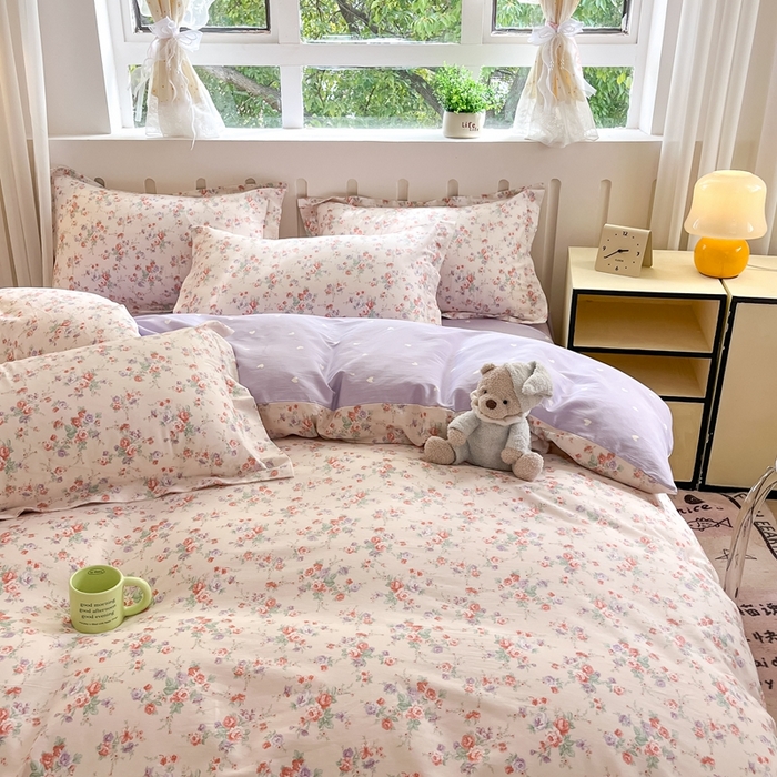 91家纺网 家纺一手货源 找家纺 大吉 2025新款100全棉纯棉喷气小清新被套四件套纯棉三件套床笠四件套单被套单枕套 花语蔷薇