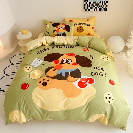 91家纺网 家纺一手货源 找家纺 花言狐语 2025新款全棉13372卡通大版数码印花四件套（提供买家秀） 雪糕狗（绿）