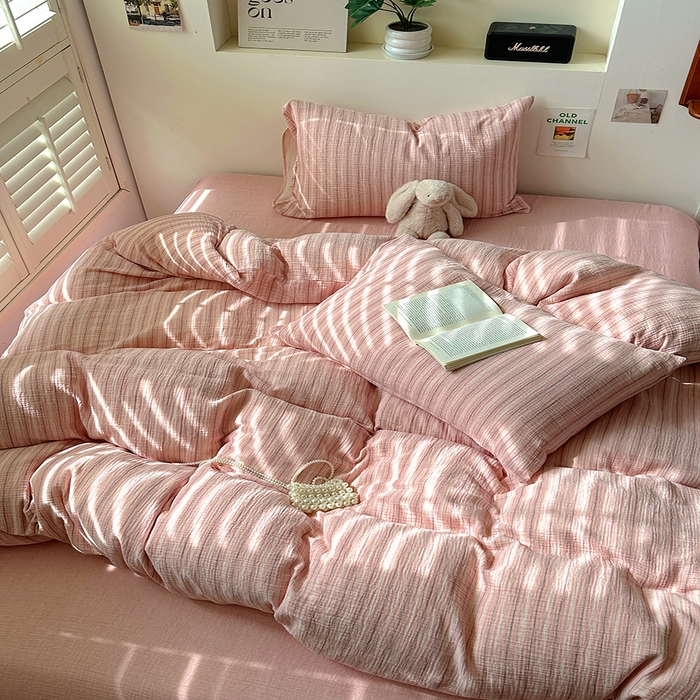 91家纺网 家纺一手货源 找家纺 田野2025新款全棉皱皱纱四件套 小半-粉米