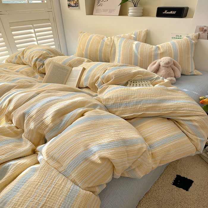 91家纺网 家纺一手货源 找家纺 田野2025新款全棉皱皱纱四件套 时予-桔兰