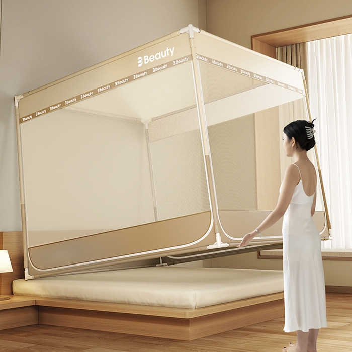 91家纺网 家纺一手货源 找家纺 青竹苑 2025新款无印字母三门坐床床笠底防摔蚊帐 米杏