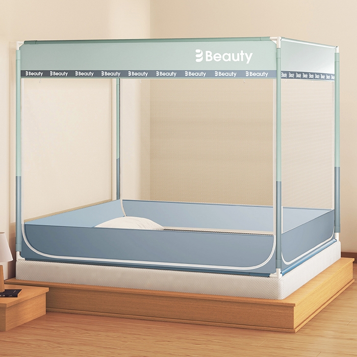 91家纺网 家纺一手货源 找家纺 青竹苑 2025新款无印字母三门坐床床笠底防摔蚊帐 蓝灰