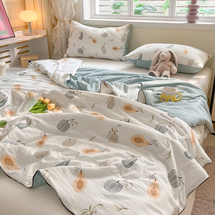 91家纺网 家纺一手货源 找家纺 贝扬思家纺 2025新款水洗皱皱纱系列夏被-系列二 南瓜日记