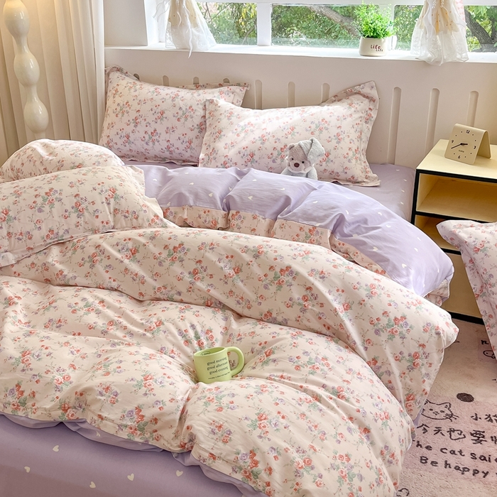 91家纺网 家纺一手货源 找家纺 大吉 2025新款100全棉纯棉喷气小清新被套四件套纯棉三件套床笠四件套单被套单枕套 花语蔷薇