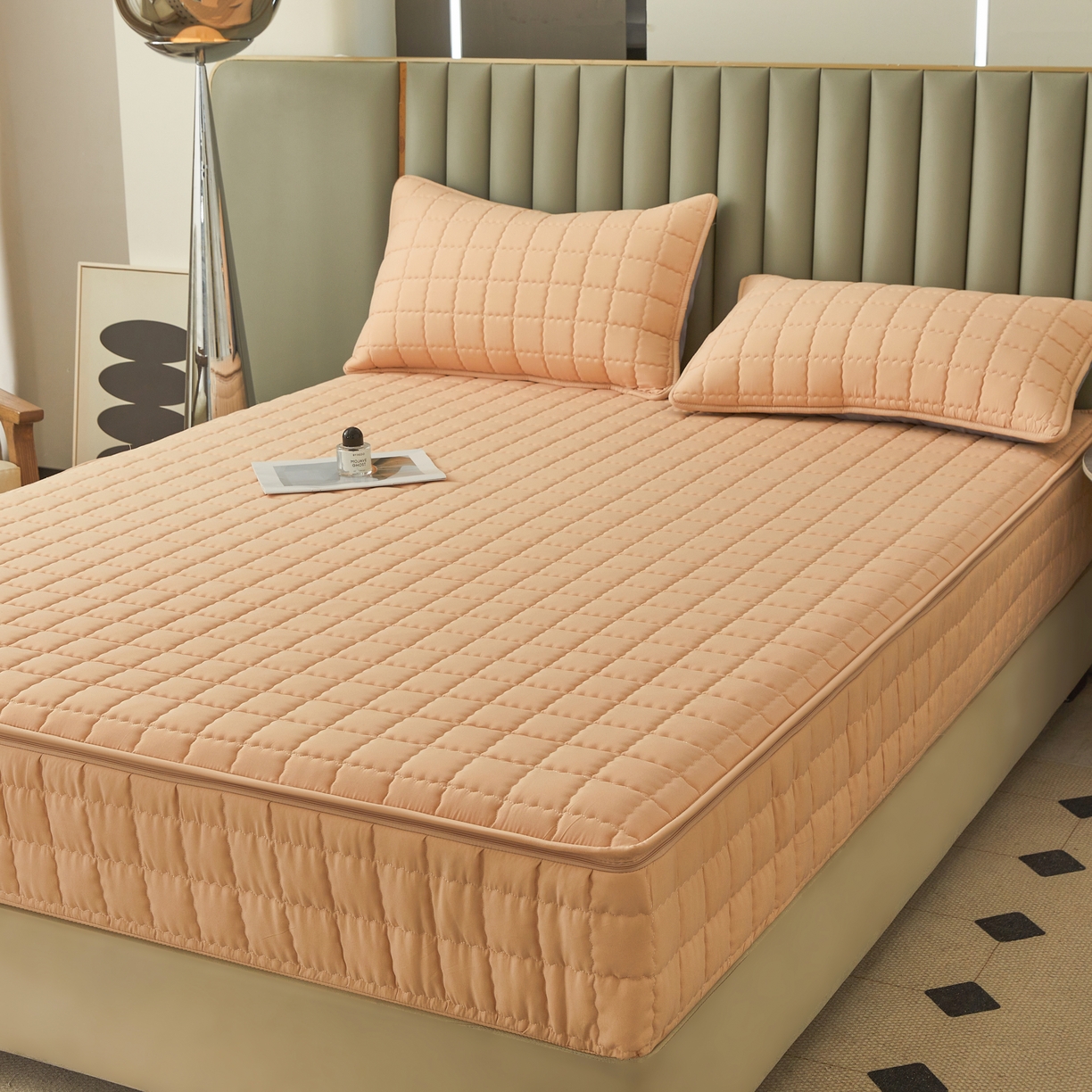 91家纺网 家纺一手货源 找家纺 欧邦 2025新款可拆卸六面全包夹棉床笠 五面夹棉-羊驼色