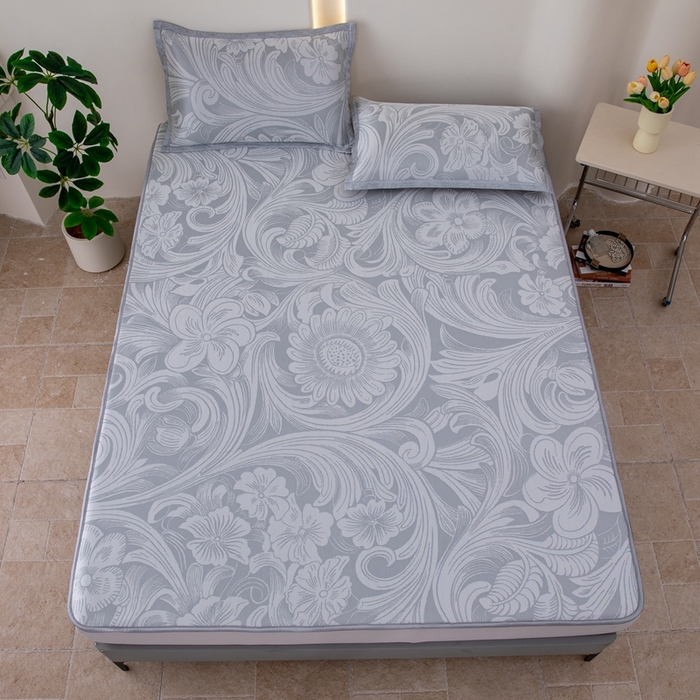 91家纺网 家纺一手货源 找家纺 凌云家纺  2025新款提花凉感冰丝席床笠款三明治凉席三件套 洛克-灰