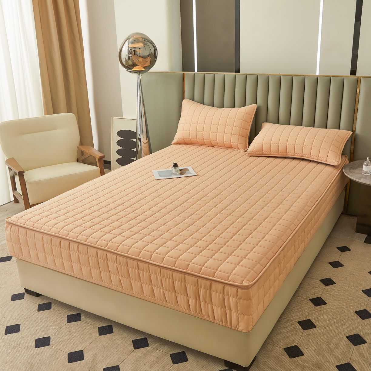 91家纺网 家纺一手货源 找家纺 欧邦 2025新款可拆卸六面全包夹棉床笠 五面夹棉-羊驼色