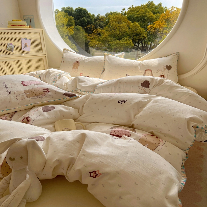 91家纺网 家纺一手货源 找家纺 葡萄家 2025爆款高克重彩色三角针A类针织双层纱四件套 提供买家秀 兔小姐