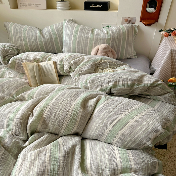 91家纺网 家纺一手货源 找家纺 田野2025新款全棉皱皱纱四件套 时予-灰绿