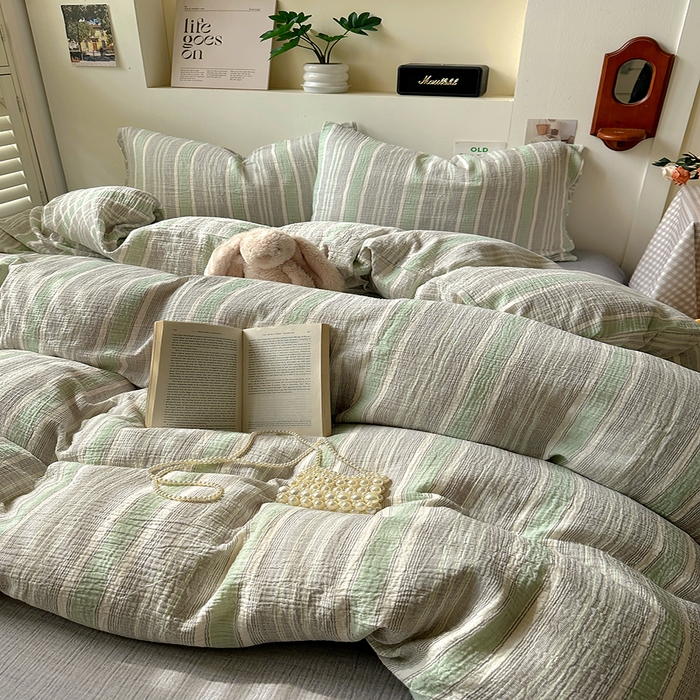 91家纺网 家纺一手货源 找家纺 田野2025新款全棉皱皱纱四件套 时予-灰绿