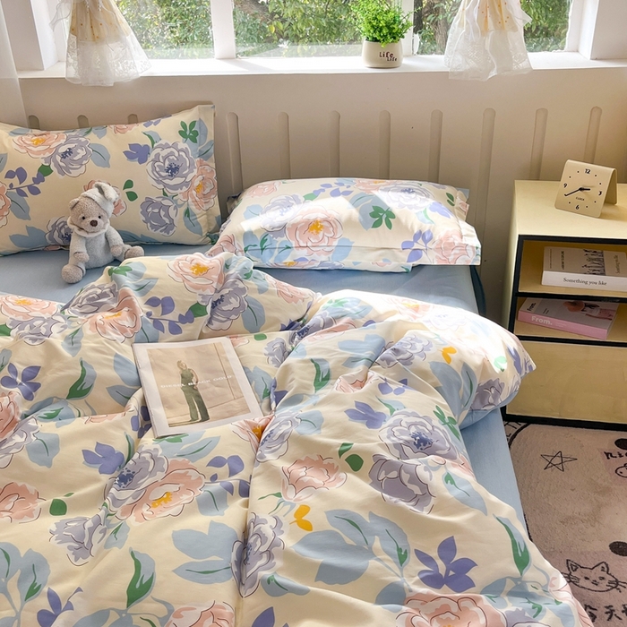 91家纺网 家纺一手货源 找家纺 大吉 2025新款100全棉纯棉喷气小清新被套四件套纯棉三件套床笠四件套单被套单枕套 山茶花开