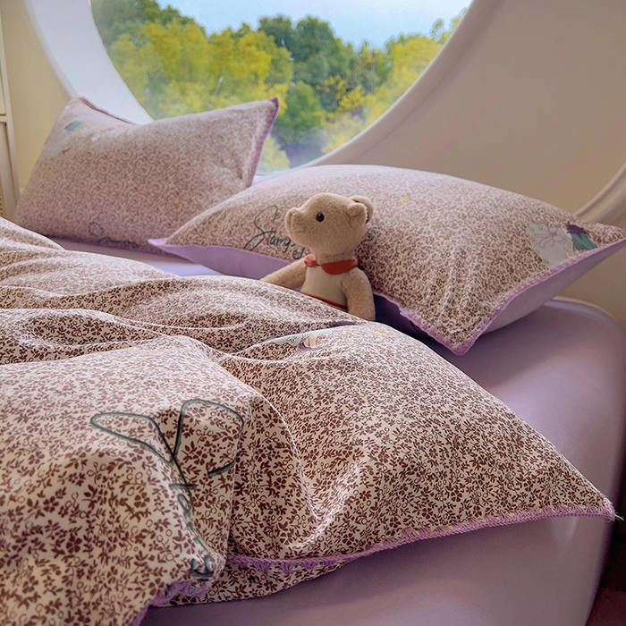 91家纺网 家纺一手货源 找家纺 葡萄家 2025爆款高克重彩色三角针A类针织双层纱四件套 提供买家秀 安娜小姐