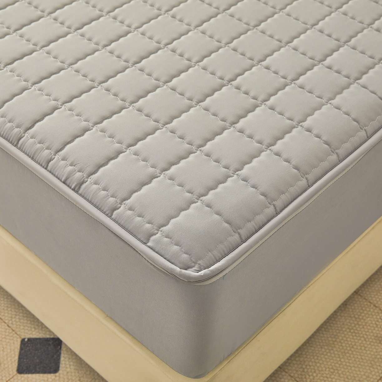 91家纺网 家纺一手货源 找家纺 欧邦 2025新款可拆卸六面全包夹棉床笠 单面夹棉-简雅灰