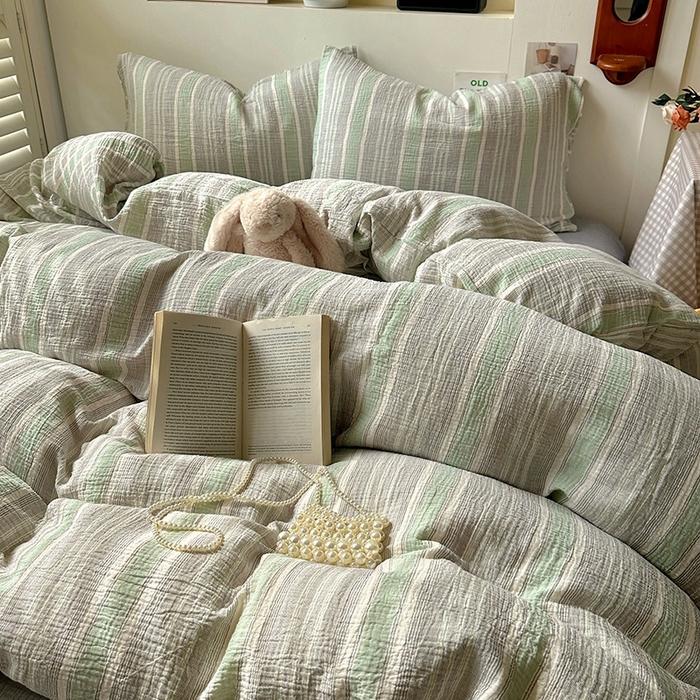 91家纺网 家纺一手货源 找家纺 田野2025新款全棉皱皱纱四件套 时予-灰绿