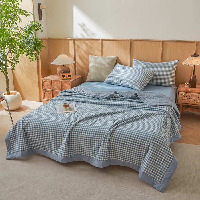 91家纺网 家纺一手货源 找家纺 伊人坊 2025新款A类无印风水洗棉新疆棉花夏被 蓝小格