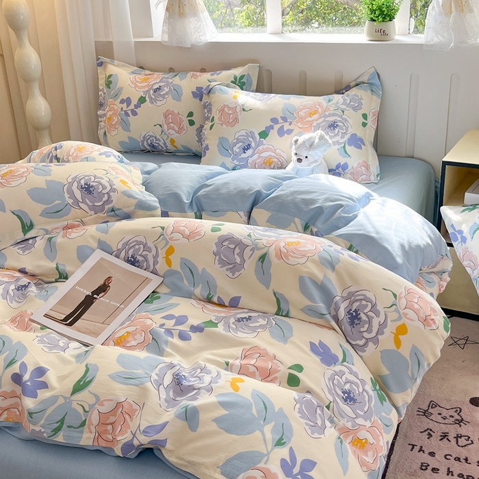 91家纺网 家纺一手货源 找家纺 大吉 2025新款100全棉纯棉喷气小清新被套四件套纯棉三件套床笠四件套单被套单枕套 山茶花开