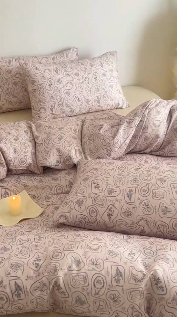 91家纺网 家纺一手货源 找家纺 塞纳 2026新款.全棉有氧双层纱四件套-场景一 浪漫主义-灰