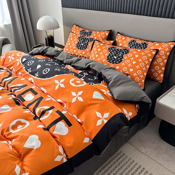 91家纺网 家纺一手货源 找家纺 2025新款水洗真丝数码印花四件套 流体熊-橙