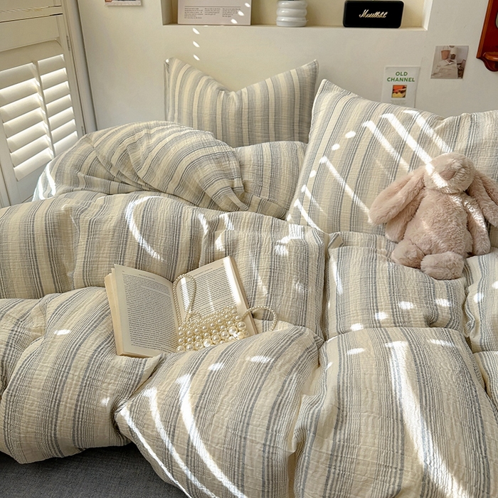 91家纺网 家纺一手货源 找家纺 田野2025新款全棉皱皱纱四件套 半夏-蓝