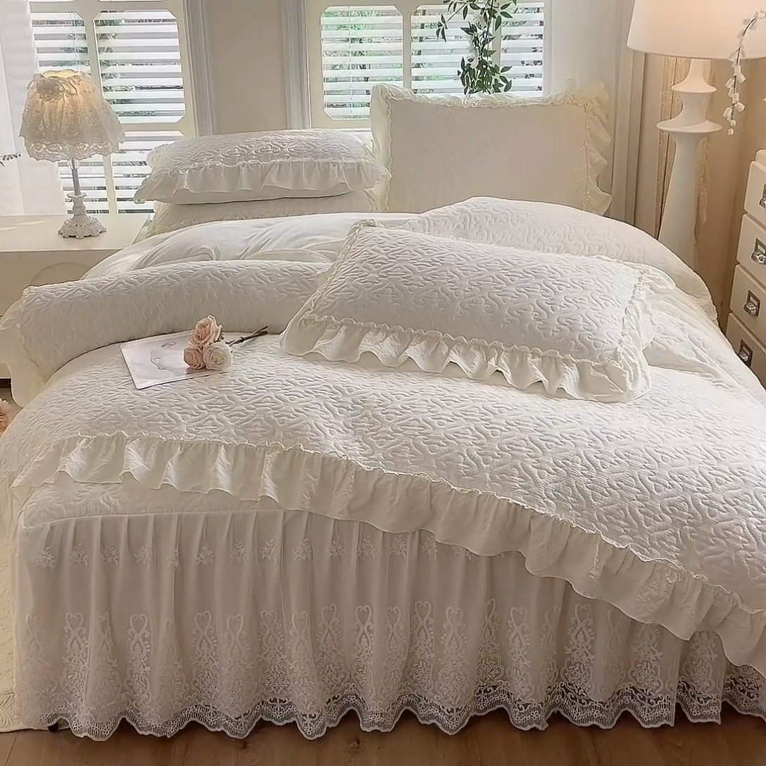 91家纺网 家纺一手货源 找家纺 2025新款A类华夫格大豆棉床裙四件套-梦幻花园 梦幻花园-米