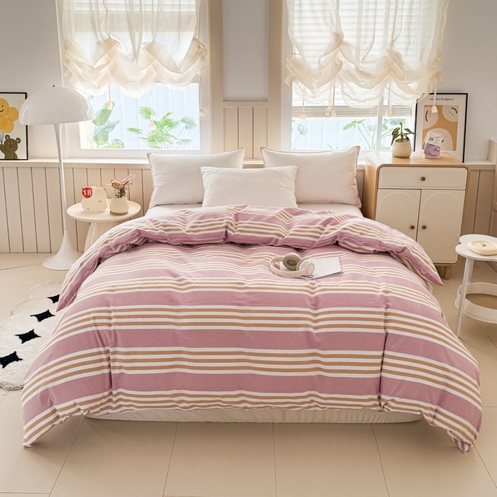 91家纺网 家纺一手货源 找家纺 首爱家纺 2025新款色织老粗布四件套全棉四件套纯棉四件套 粉恋